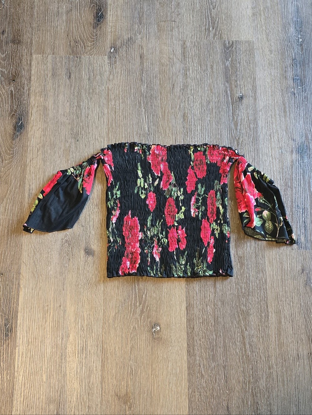 Off-Shoulder Floral Smocked Top in Black and Red